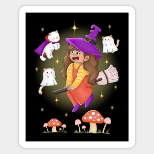 Cute Girl Flying With Cat Dracula And Ghosts Sticker